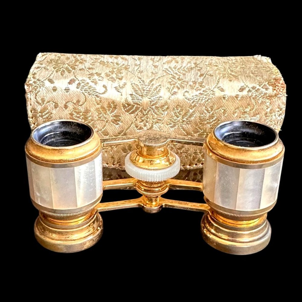 Antique Opera Glasses Gold & Mother-Of-Pearl, Embossed Satin Case Circa 1880-191